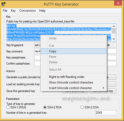 Select and copy public key from puttygen